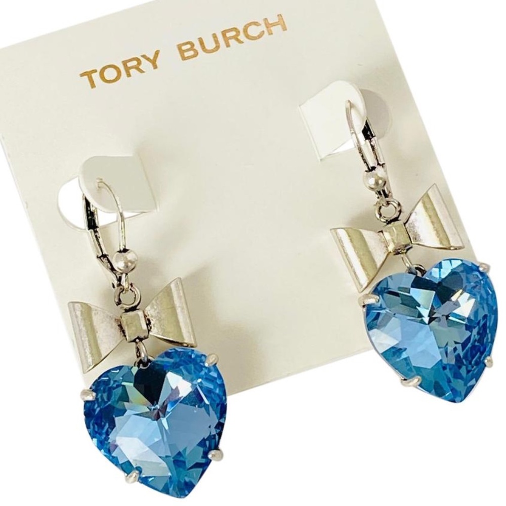 NEW Tory Burch Heart & Bow Drop Earrings Montana Blue Crystals
